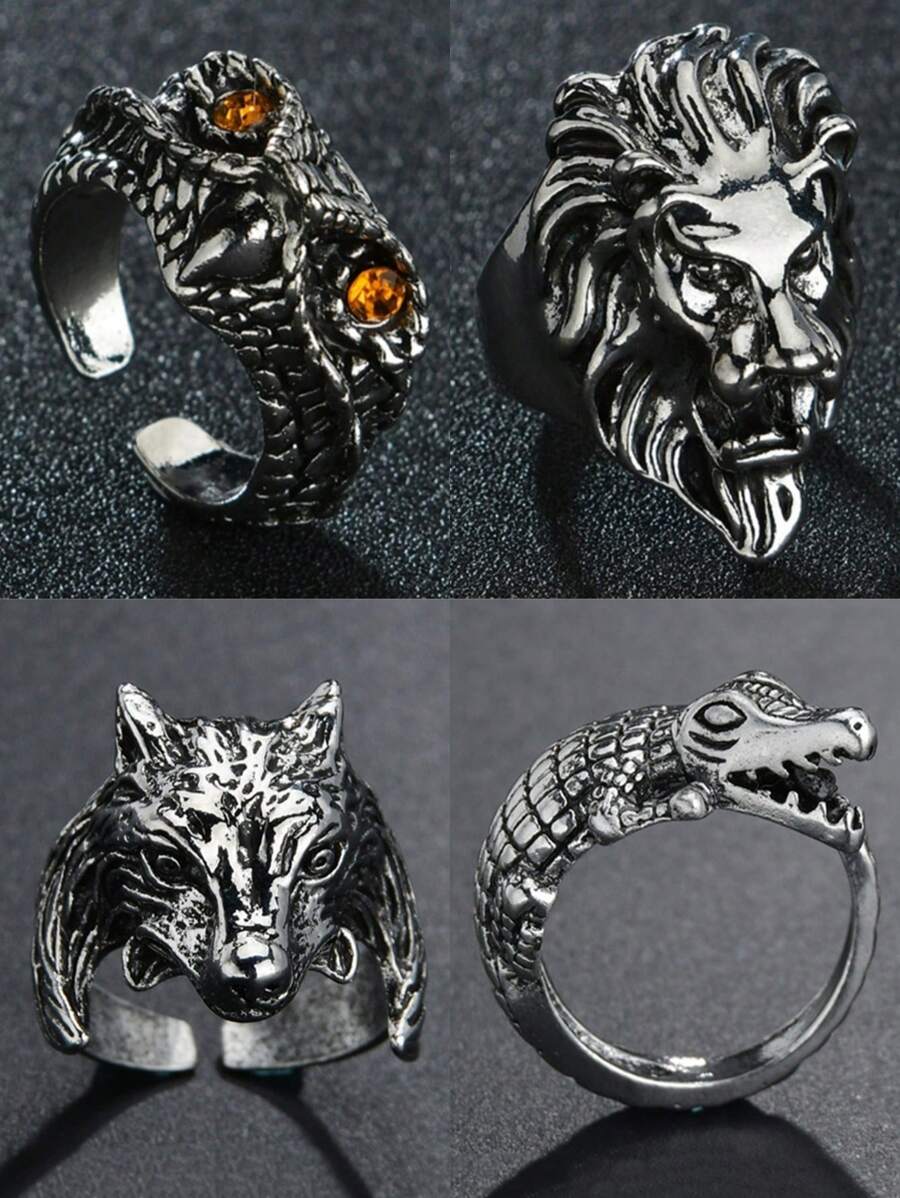 1pc Men's Punk Style Animal Alligator Wolf Lion Owl Vintage Ring, Gift Ideas