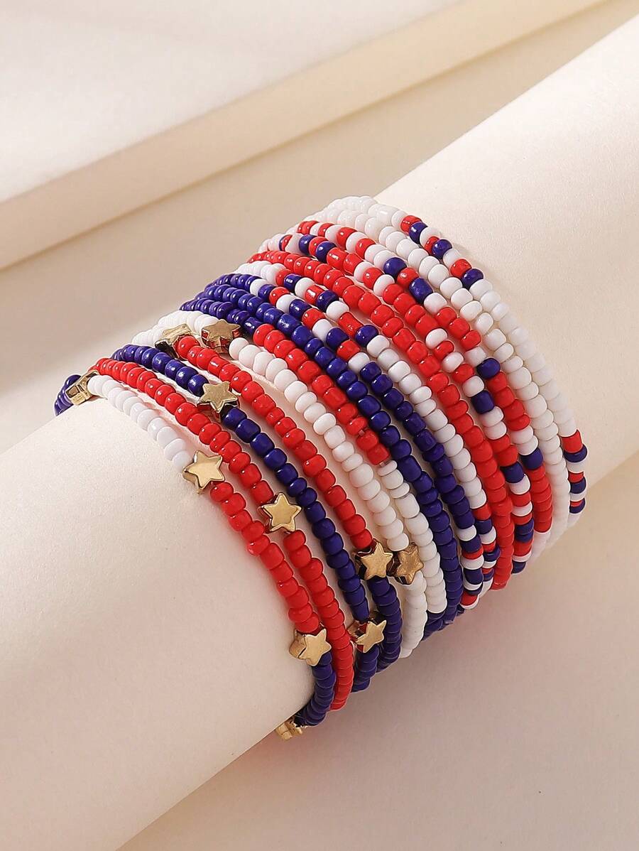 14pcs Bohemian Style Beaded Bracelet Set, Simple & Fashionable, Handmade With Red White Blue Seed Beads & Stars, Elastic Design, Suitable For Women, Perfect Gift For USA Independence Day, Party, Bar, Work, Casual Occasions