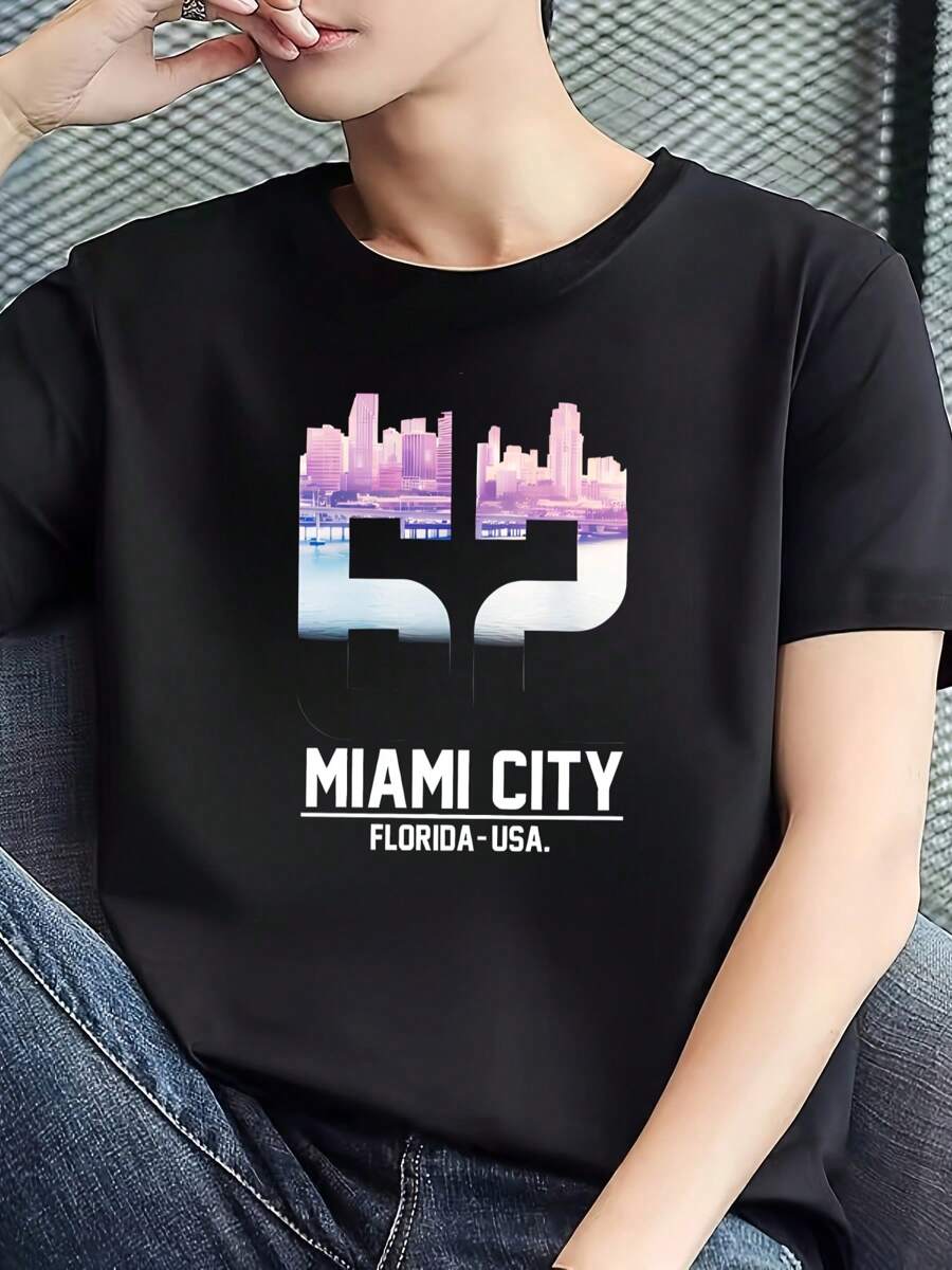 Men's Black Miami City Themed T-Shirt, Men's 220gsm New Summer Casual Crew Neck Pure Cotton Short Sleeve T-Shirt (1 Pc)