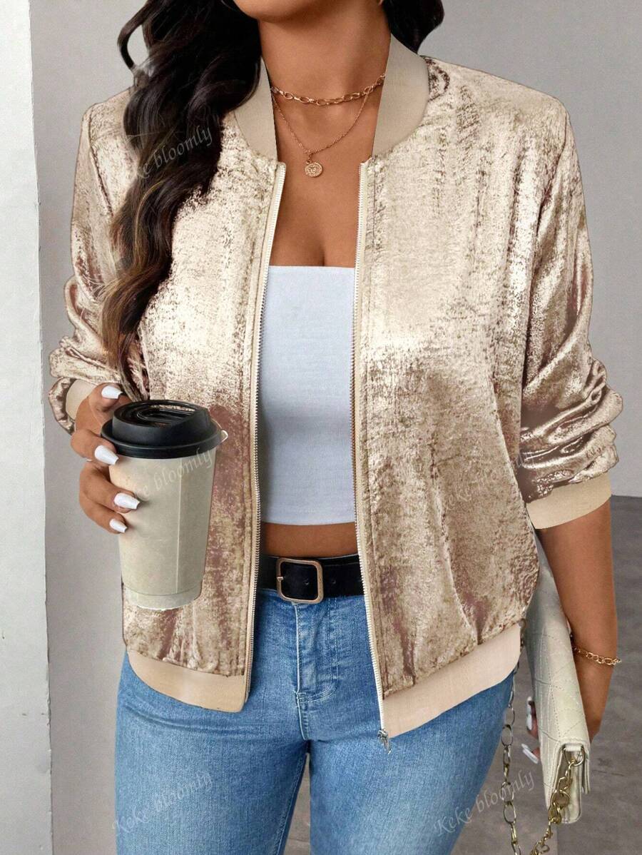KeKe Wanli dames lichtgewicht bomberjack met rits en normale pasvorm, lange mouwen, casual, champagnekleurig, plus size modevest