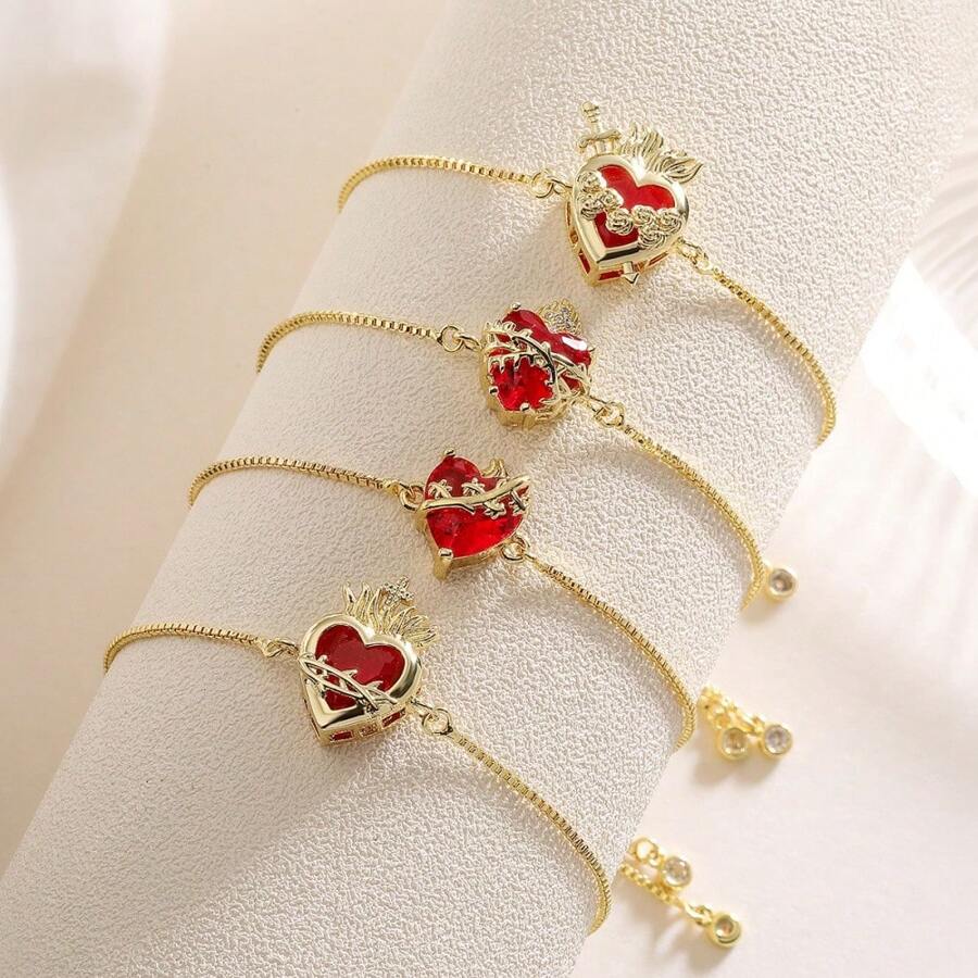 1 pieza Brazalete ajustable de cobre chapado en oro de 18 quilates con circonita roja en un diseño minimalista y personalizado para transfronteriza