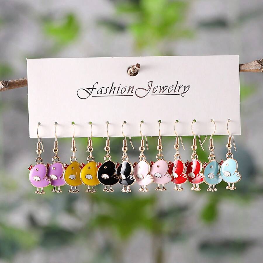 6 Pairs Cute Acrylic Chicken Animal Pendant Earrings, Colorful Chicken Earrings For Women