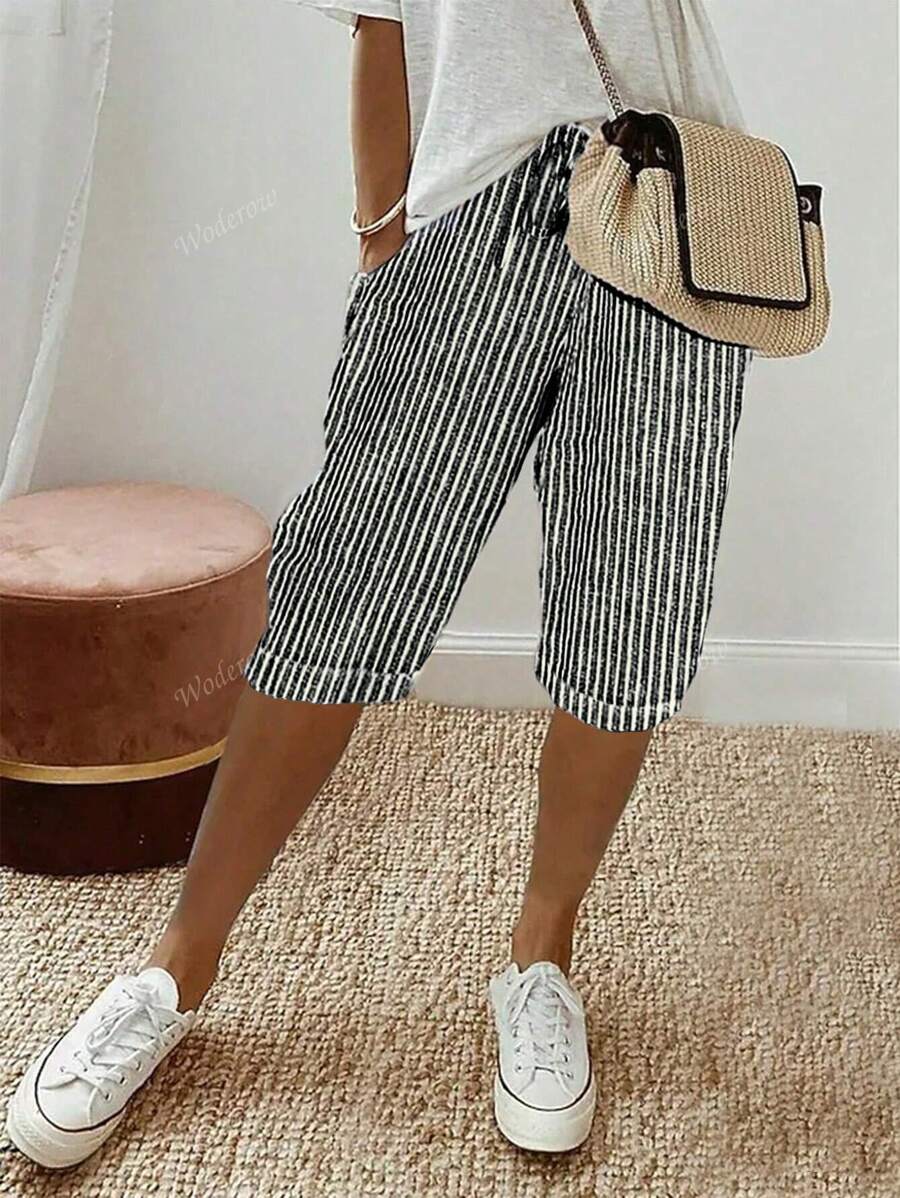 Women's Fashionable Summer Striped Print Drawstring Pocket Casual Shorts