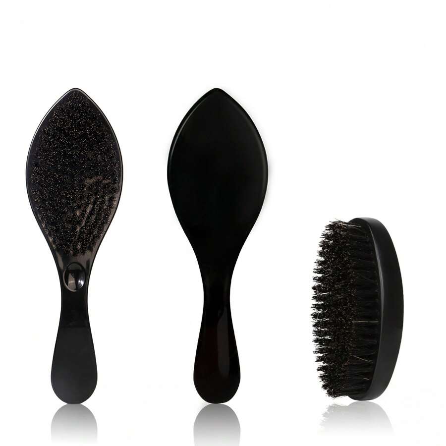 2pcs Men's 360 Degree Wavy ABS Plastic Black Oval Wooden Beard Brush Set, Beard & Hair Styling Tool, Grooming Cleaning Brush