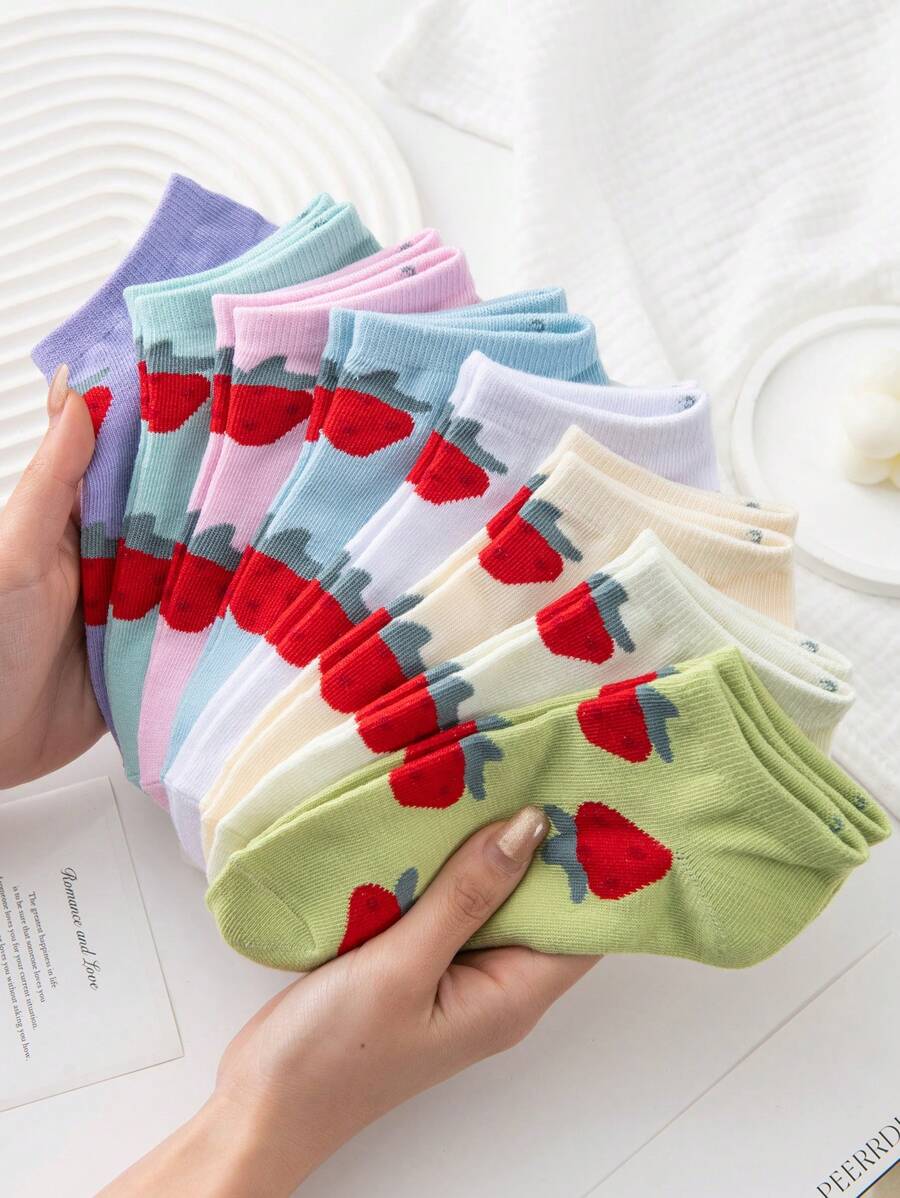 1-5 pares de calcetines tobilleros de mujer con estampado de fresa, de bajo empeine, invisibles, de estilo lindo, para primavera/verano