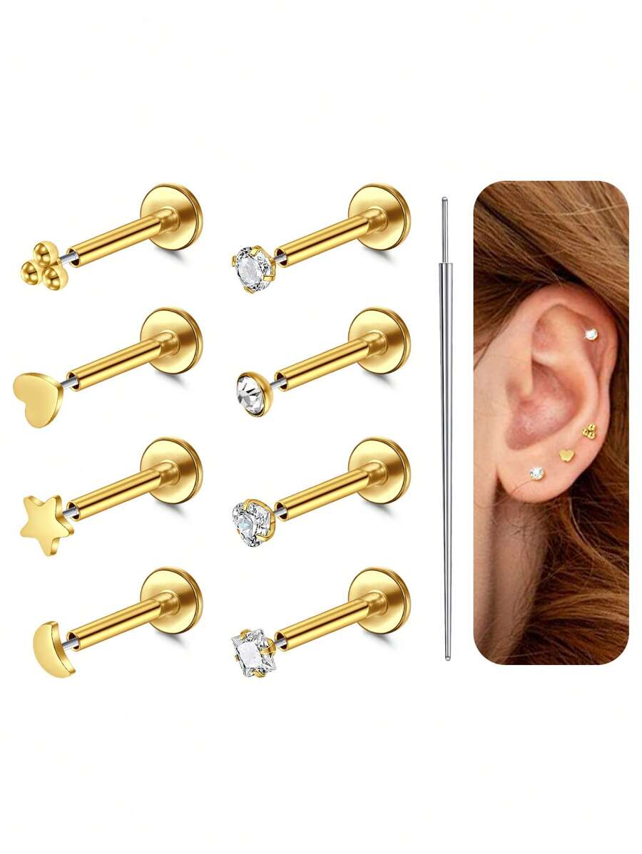 AVYRING 9Pcs 16G/20G Aço Inoxidável Tragus Piercing Jóias Labret Piercing Jóias Sem Rosca Push In Nose Studs Brincos Tragus Flat Back Tragus Stud Lip Medusa Helix Piercing Jóias 6/8MM