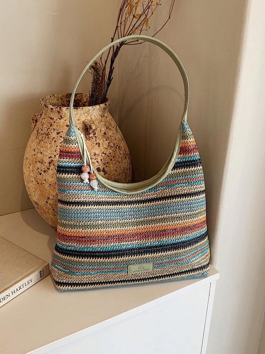 1pc Letter Print Colorful Striped Crescent-Shaped Tote Bag, Versatile Casual Beach Shoulder Bag Suitable For Women, Holiday & Beach Use