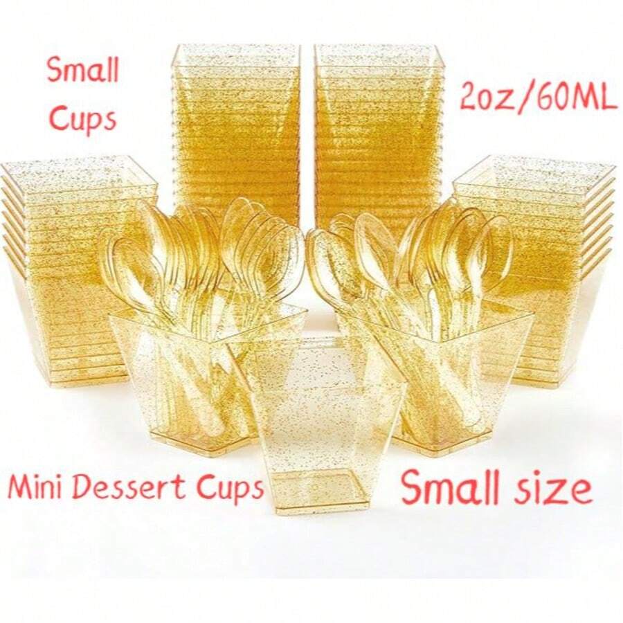 10/25/50//100/200Pcs,2oz/60ML Mini Plastic Dessert Cups With Spoons Small Square Glitter Clear Banana Pudding Cups Serving Tasting Bowls For Appetizer Birthday Wedding Party Gold And Transparent