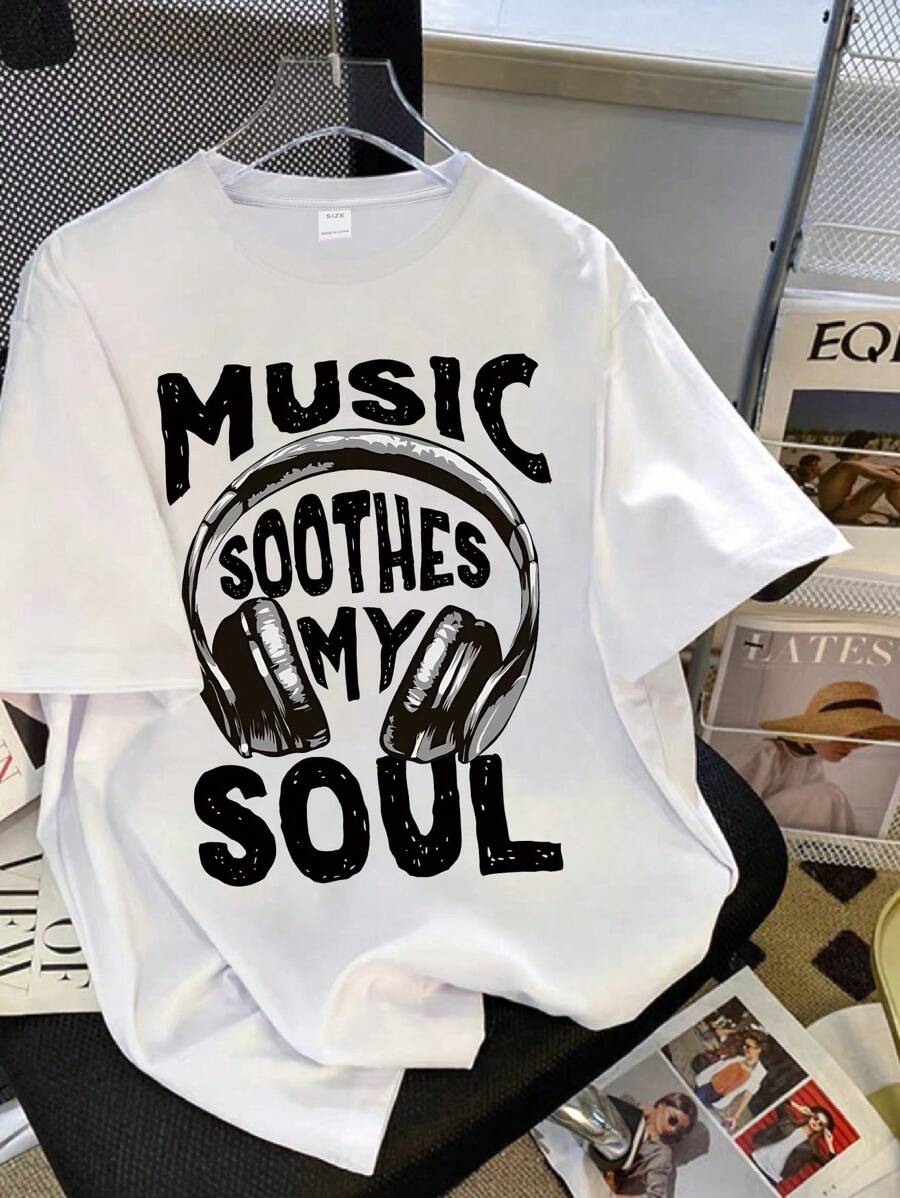 Teen Girl Headphone And Slogan Print Graphic Tees For Girl Short Sleeve T Shirts,Teen Girl's Summer Tops Crewneck Shirt Blouse