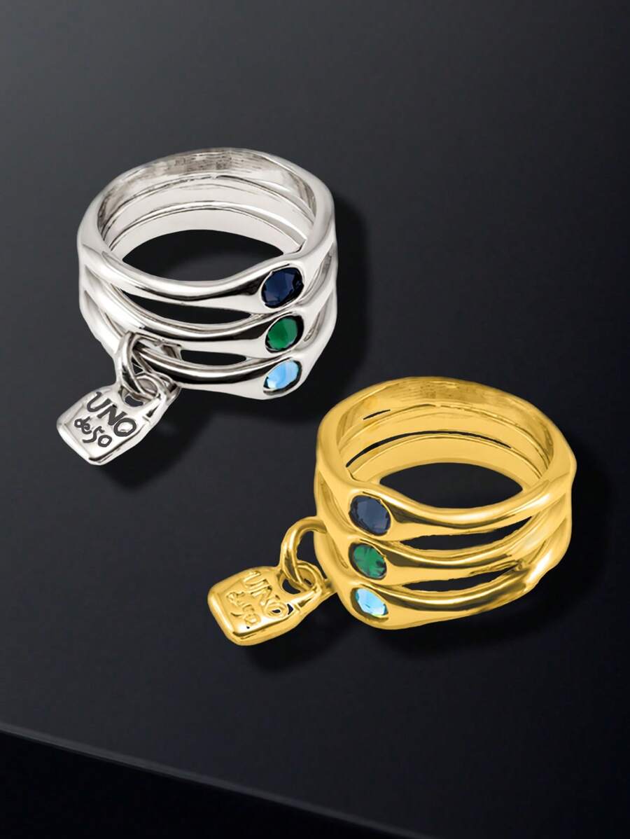 1pc Luxurious Layered Silver-Plated Colorful Crystal Embellished Ring Set, Party Music Festival Birthday Gift For Women