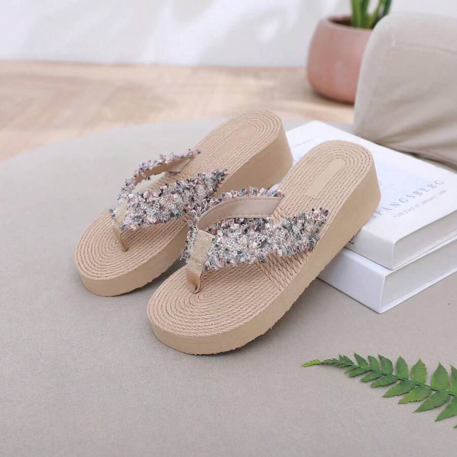Women Elegant Beige Sandals With Woven Strap - Non-Slip EVA Sole, Mid Heel Thick Bottom, Fashion Outdoor Slippers, Casual Woven Sandals, Elegant Footwear For Summer