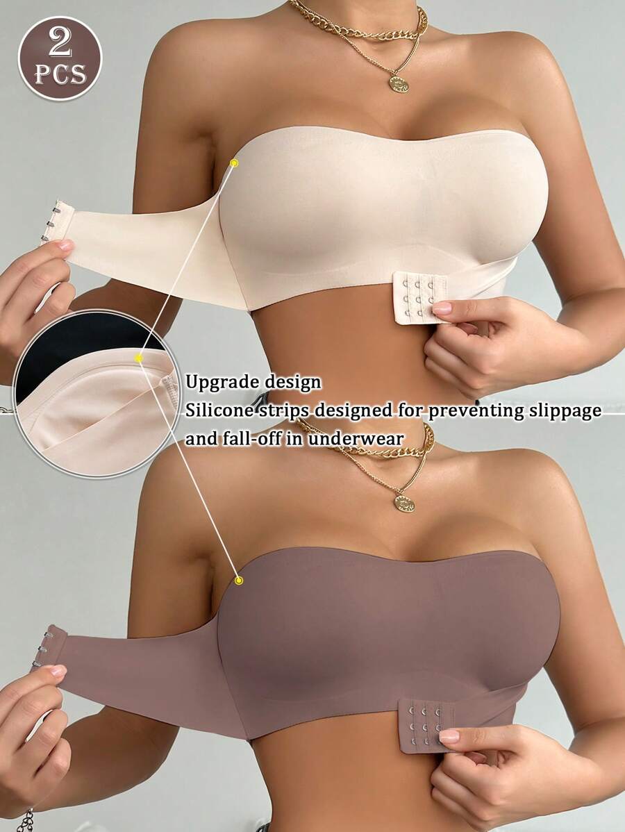 2 Pieces Front Closure Solid Color Strapless Comfort Padded Lace Bralette, Wireless Seamless Pushup Bra For Women