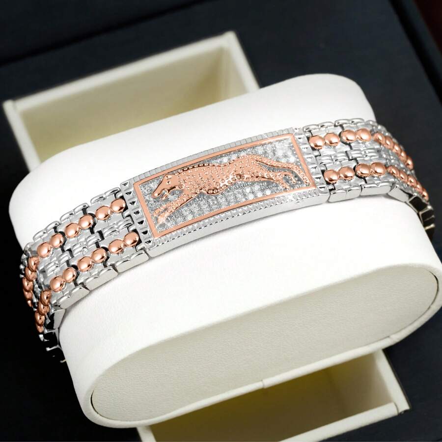 1pc Luxury Champagne Gold Bangle, Powerful Lion Shape Design, Inlaid With Synthetic Cubic Zirconia, Polished Finish, Suitable For Men & Women, Everyday Wear & Gift, Powerful & Fashionable, Showcases Taste!