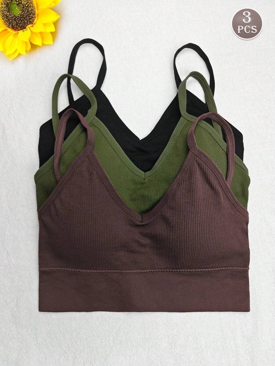 Set de 3 bras deportivos sin costuras con estampado de rayas, sujetador sin aros cómodo y sexy con diseño de espalda de tirantes anchos para mujeres