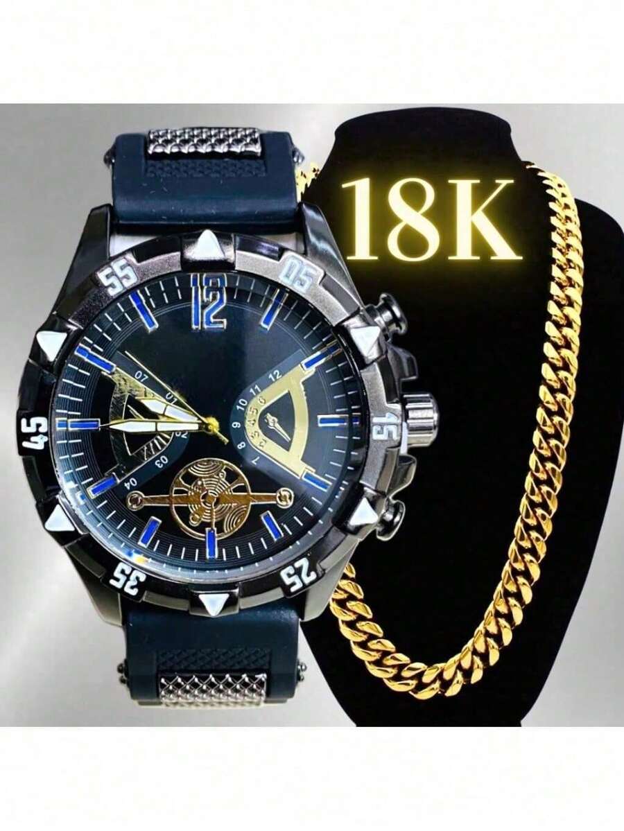 Kit Relógio Masculino Dourado + Corrente Banhada Grossa 18K