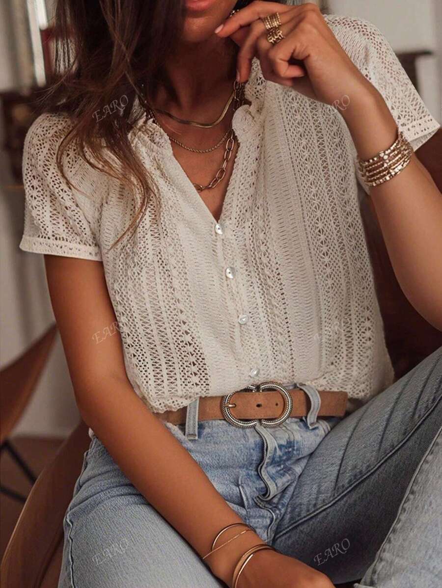 Women's Short Sleeve Shirt, Fashion Design Versatile Loose Fit Hollow Out