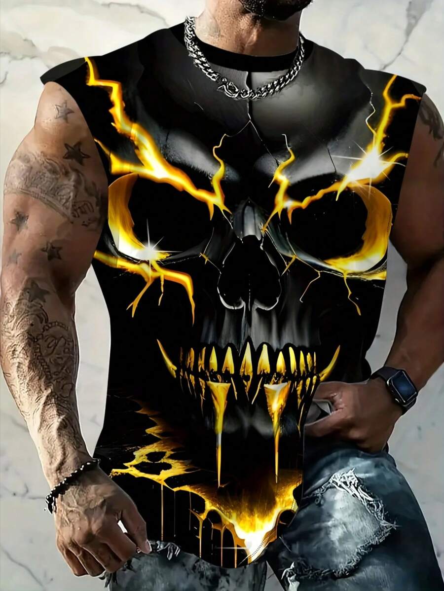 Men's Plus Size Skull Print 3D Digital Knit Fabric Sleeveless Summer Fitness Training Casual Basketball Sport Tank Top