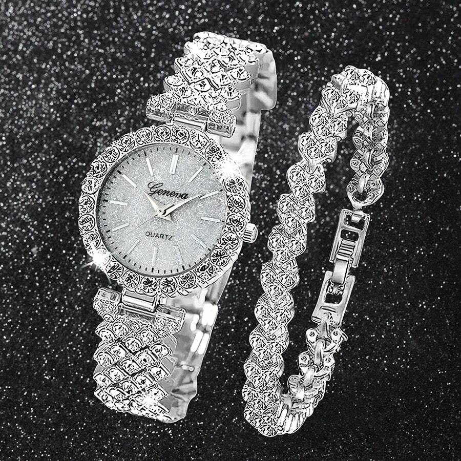2 pezzi Orologio da donna con quadrante romano e diamanti, set con accessori gioiello, set bracciale con strass, adatto per celebrazioni di matrimonio, regali aziendali, riunioni annuali, regali per dipendenti, donne d'affari di alto livello, abbigliamento quotidiano, regali di compleanno, feste di vacanze, feste, vacanze al mare, regali di San Valentino, donne, famiglia, amici, madri, studenti, adolescenti, ragazze - il regalo perfetto