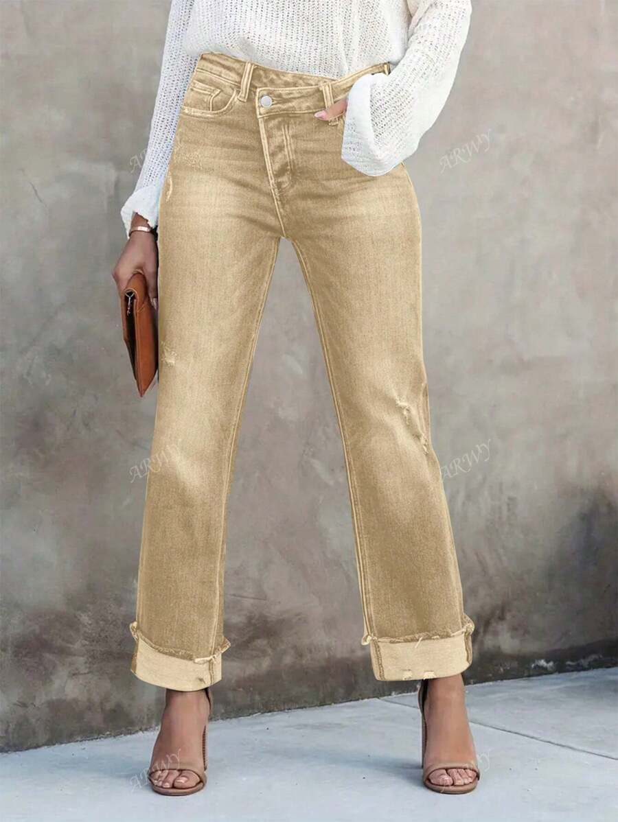 Women's Casual Distressed Asymmetrical Waist Denim Jeans