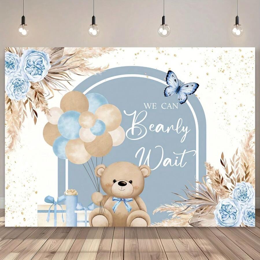 Bear Background Blue Bohemian Flower Rose Pampas Grass Balloon Birthday Party Decoration Banner Photography Background