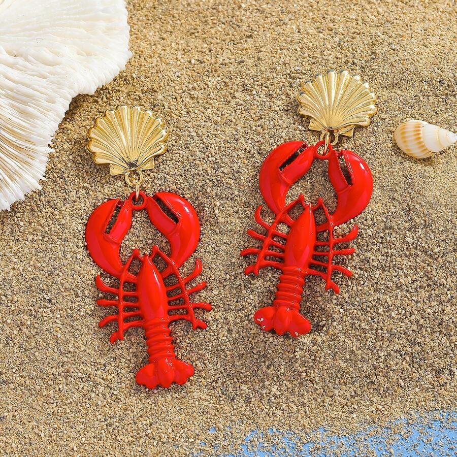 1Pair Bohemian Style Red Enamel Lobsters Shell Women Eardrop ,Vintage Ocean Series Women Dangle Earrings,Suitable For Daily Beach Vacation Parties Wear