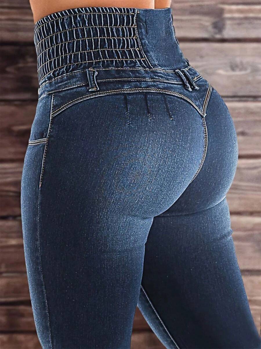 Vaqueros de talle alto de mujer con diseño microflare y pliegues en la cintura