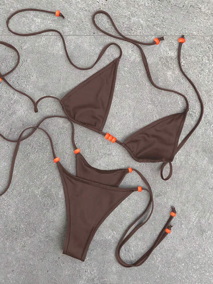 Costume da bagno bikini sexy da donna con lacci di Polovedo, colore unito