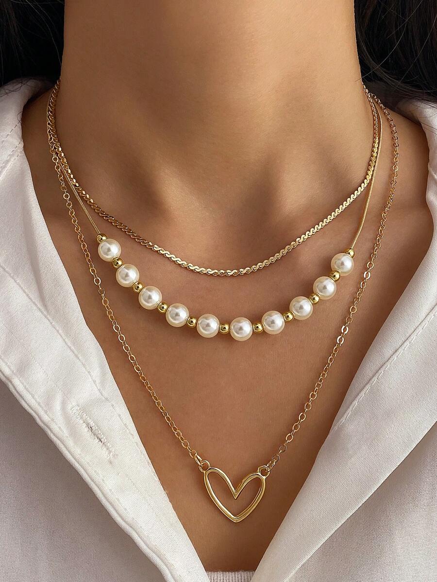 1pc 3 Layers Stacking Personalized Light Luxury Elegant Pearl Hollow Heart Necklace, Vacation Party Dating Gift Daily Wear