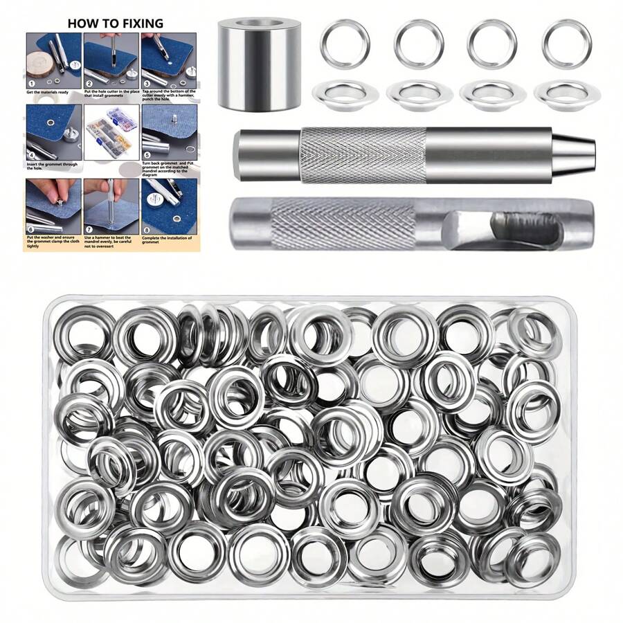 4,5/6/8/10/12/14mm (Innendurchmesser) Ösenset mit Werkzeug, Ösen-Sets, 100er-Set Ösen mit 3 Installationswerkzeugen, geeignet für Kleidung, Schuhe, Taschen, Leder, Reparaturen, Segeltuch, wasserdichte Stoffe, Zelte und Swimmingpool-Abdeckungen, zum Selbermachen von Schuhen, Kleidung, Handwerk