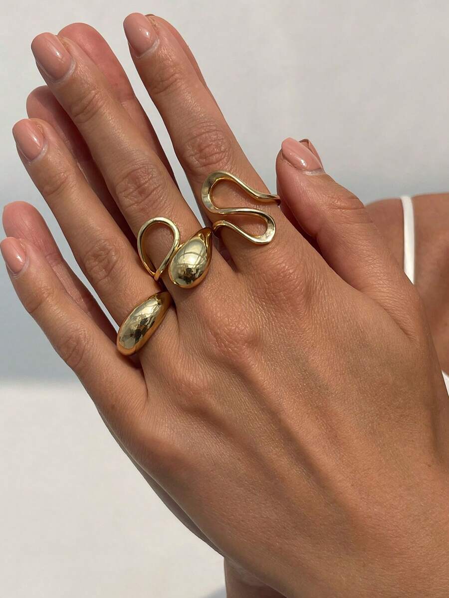 3 pièces/Set d'anneaux ouverts en métal à motif géométrique goutte d'eau, bagues de luxe élégantes pour mariages, fêtes, femmes, couples, anniversaires, cadeau polyvalent