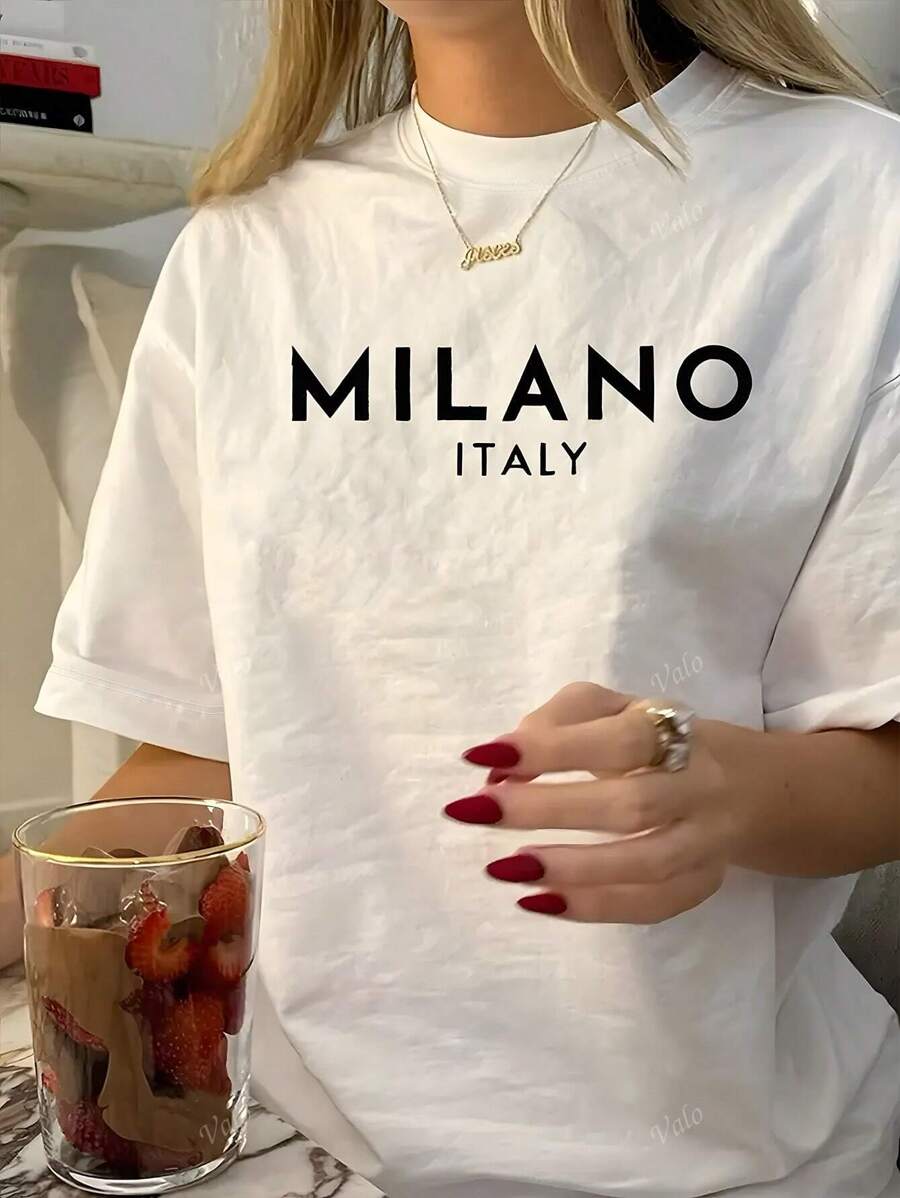 Women's Minimalist Milan City Text Graphic T-Shirt, Summer