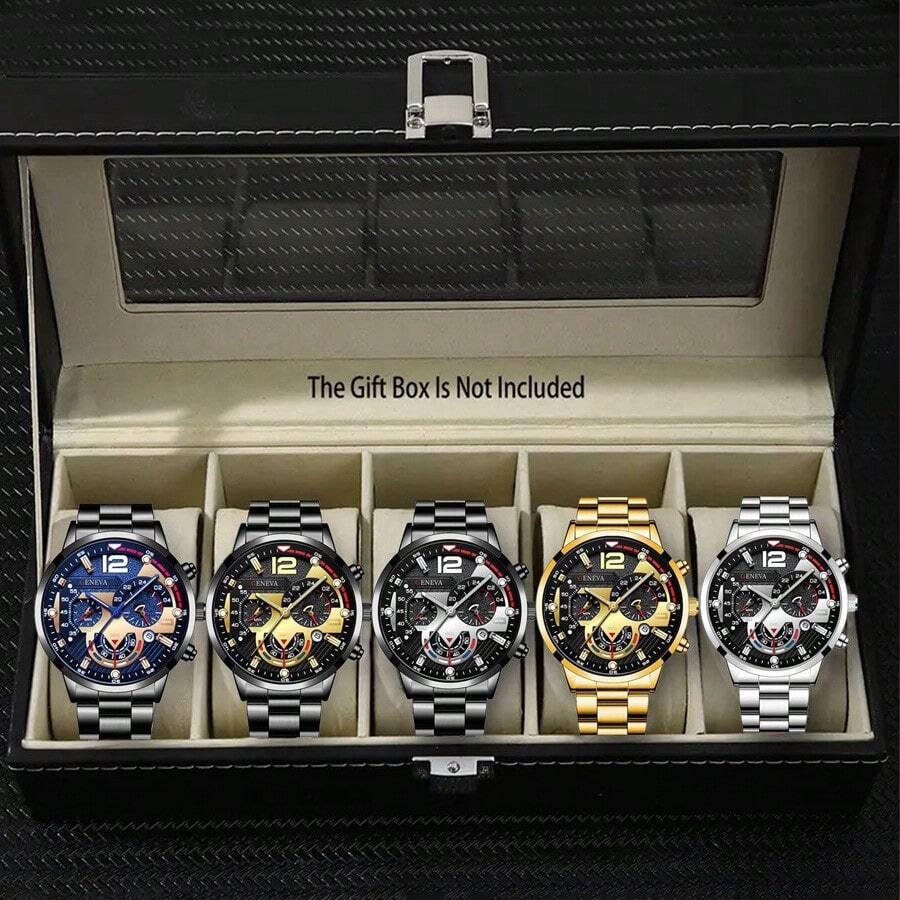 Set de 5 relojes de pulsera de acero con correa para hombre, relojes de cuarzo con indicador luminoso para deporte