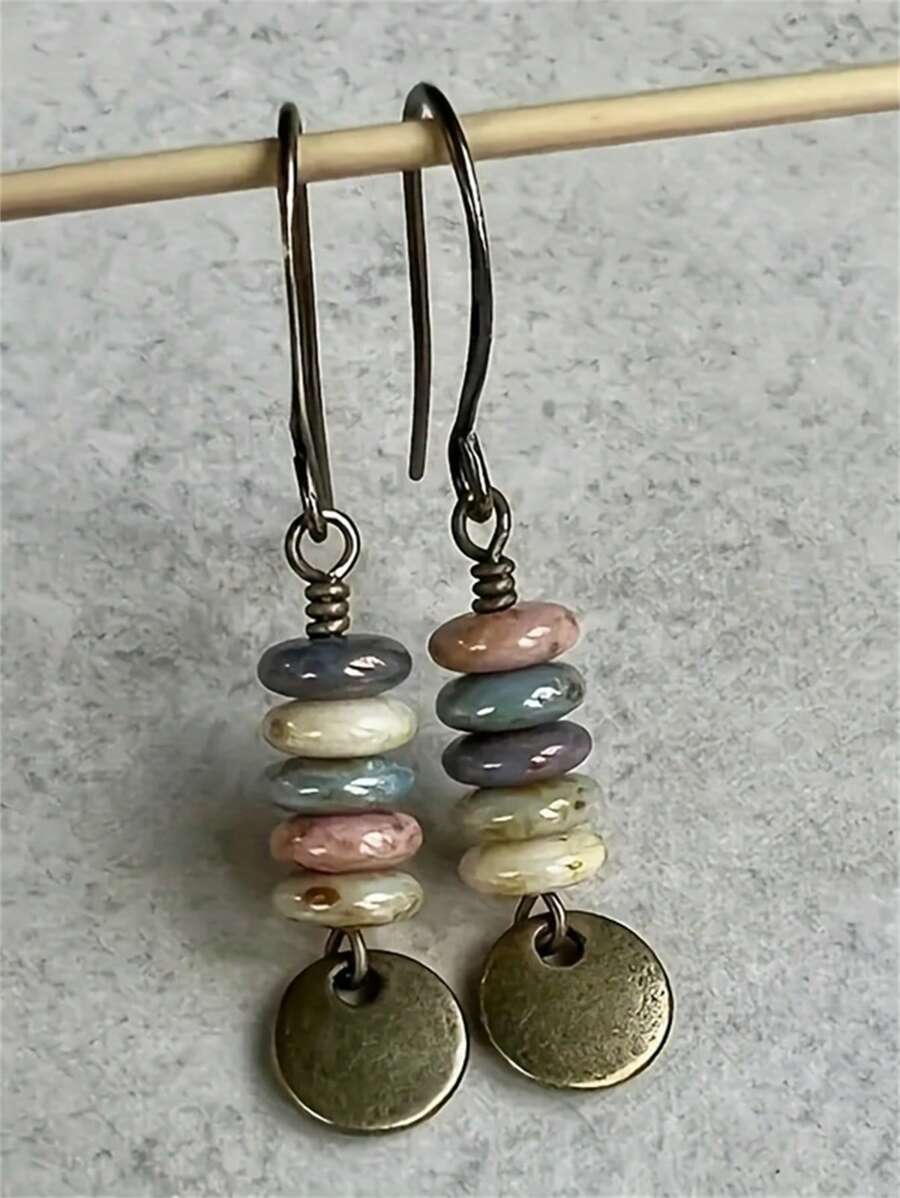 1 Par de Brincos Vintage Redondos Feitos à Mão com Placa de Metal Enferrujada e Contas, Brincos Retrô Criativos de Mulher com Miçangas de Pedra Mini