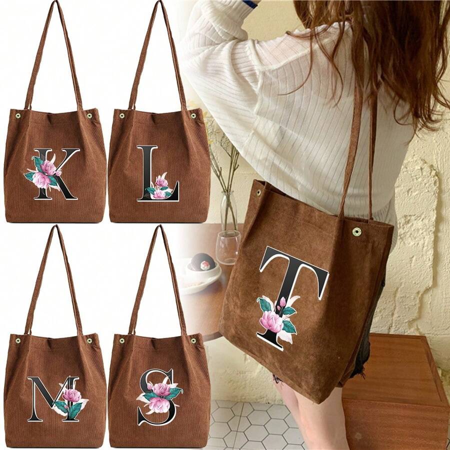 Bolsa de Ombro de Veludo Canelado de Grande Capacidade, Bolsa de Armazenamento Multifuncional, Bolsa Diária Fashion com Alça Fixa e Forro de Poliéster, Bolsa Transversal de Estilo Fashion para Trabalho, Viagem e Uso Diário com Padrão de 26 Letras Inicial