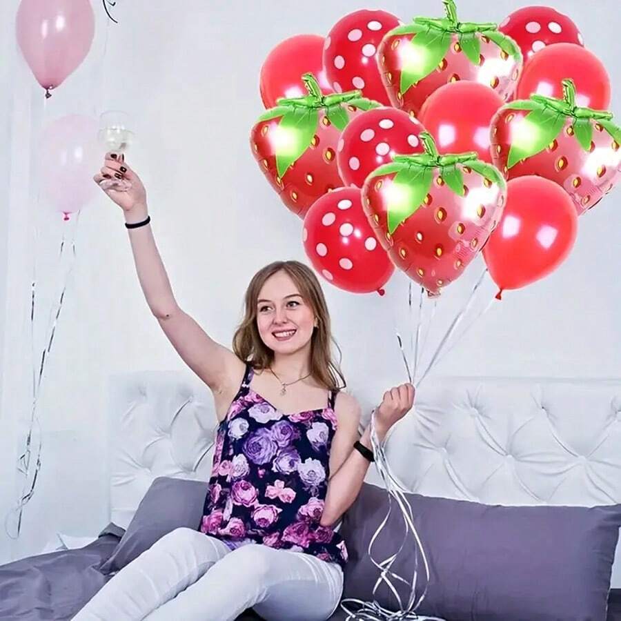 13pcs Strawberry Balloon Set, 28.35in Foil Party Decorations - Red & Pink With Green Leaves, Reusable, Summer Party & Celebration, Fun Design, Strawberry Themed Items