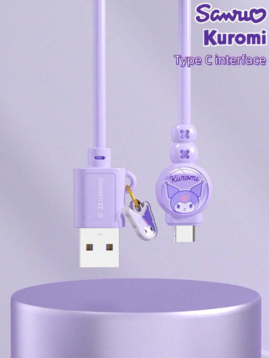 Sanrio KUROMI SJ-725 1m Data Cable With Cartoon Pendant, Smart Protection Charging Cable, Portable & Cute Compatible With IPhone 16, 16 Pro Max, 15, 15 Plus, 15 Pro, 15 Pro Max,Compatible With Xiaomi, Compatible With OnePlus Type C