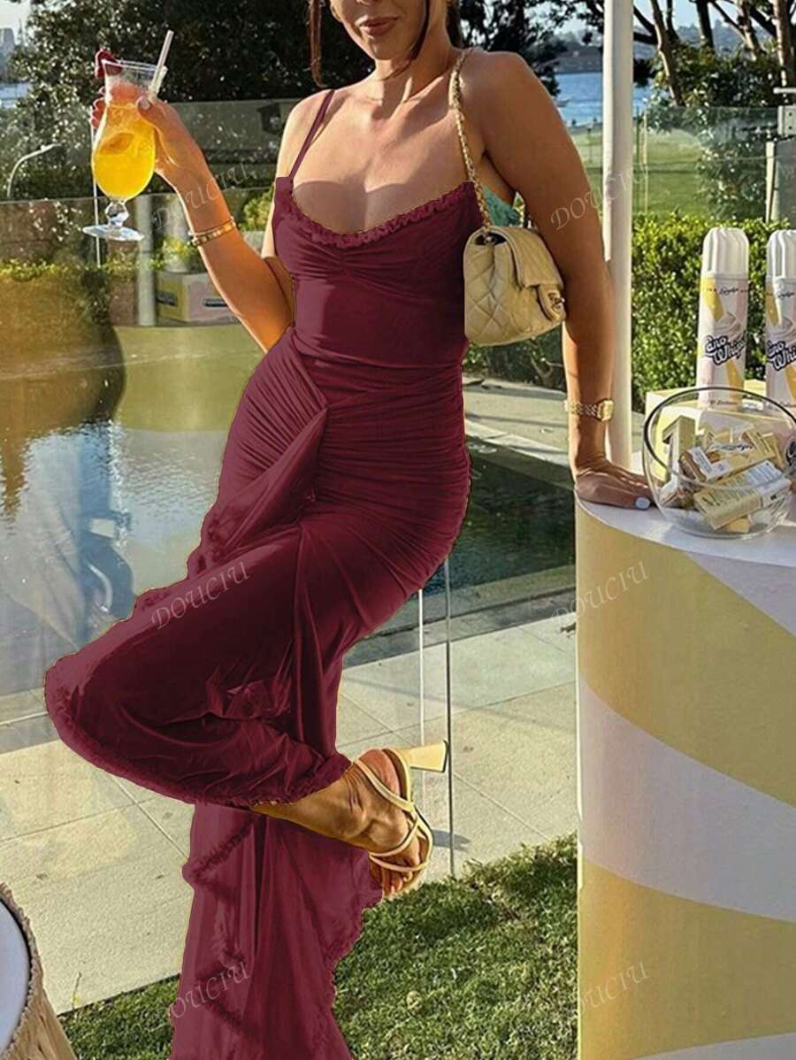 Vestido slip de malla de estilo urbano, escote trasero ajustado, para primavera/verano, bodas, invitados, graduaciones, ocasiones formales, vestidos de verano para mujer