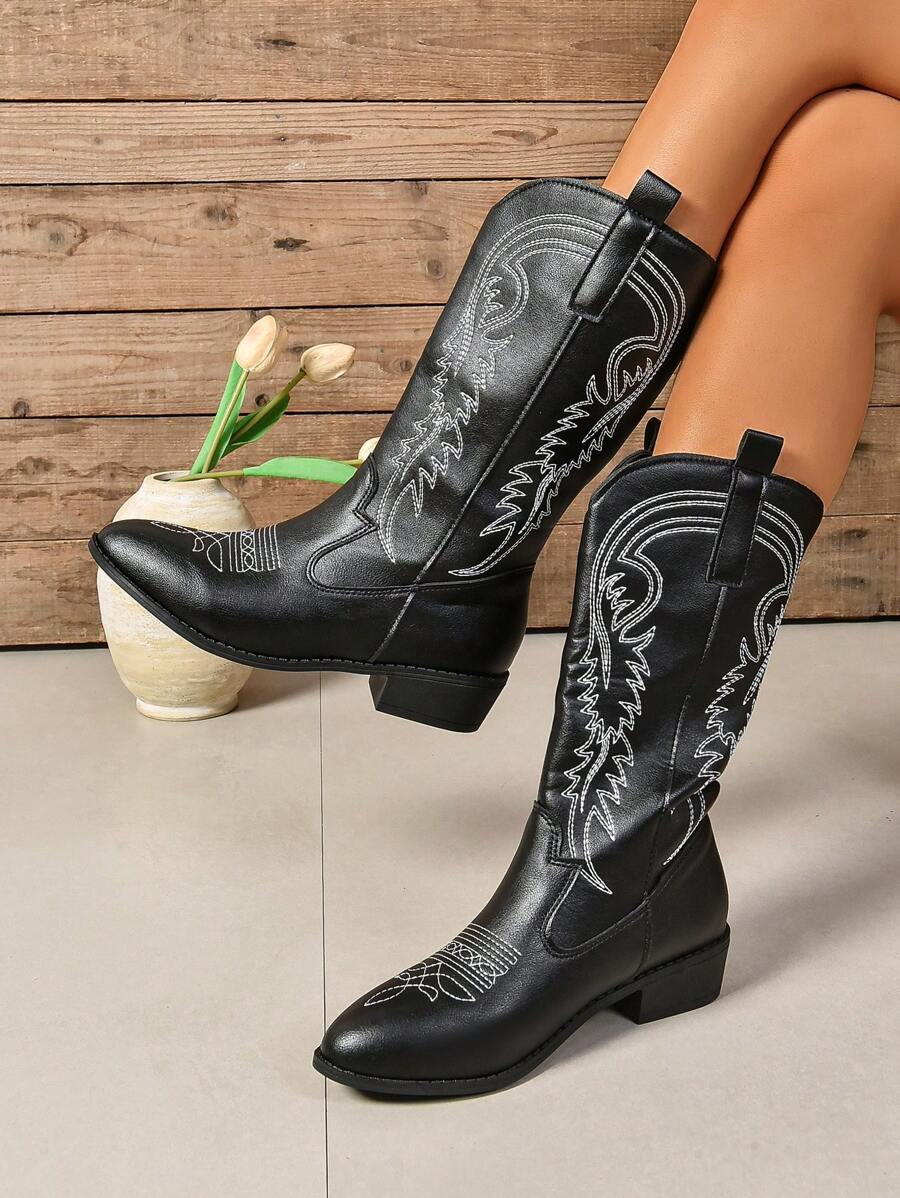 Women's Embroidered Chunky Heel Cowboy Boots, Fashion Party Western Boots