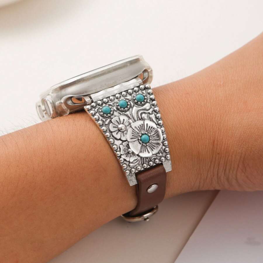 1pc Retro Turquoise Leather Metal Watch Strap Compatible With Apple Watch Strap Series Ultra 2 SE 10 9 8 7 6 5 4 3 2 1 Silver Floral Bracelet Watch Band Compatible With Apple Watch Band 38mm 40mm 41mm 42mm 44mm 45mm 46mm 49mm