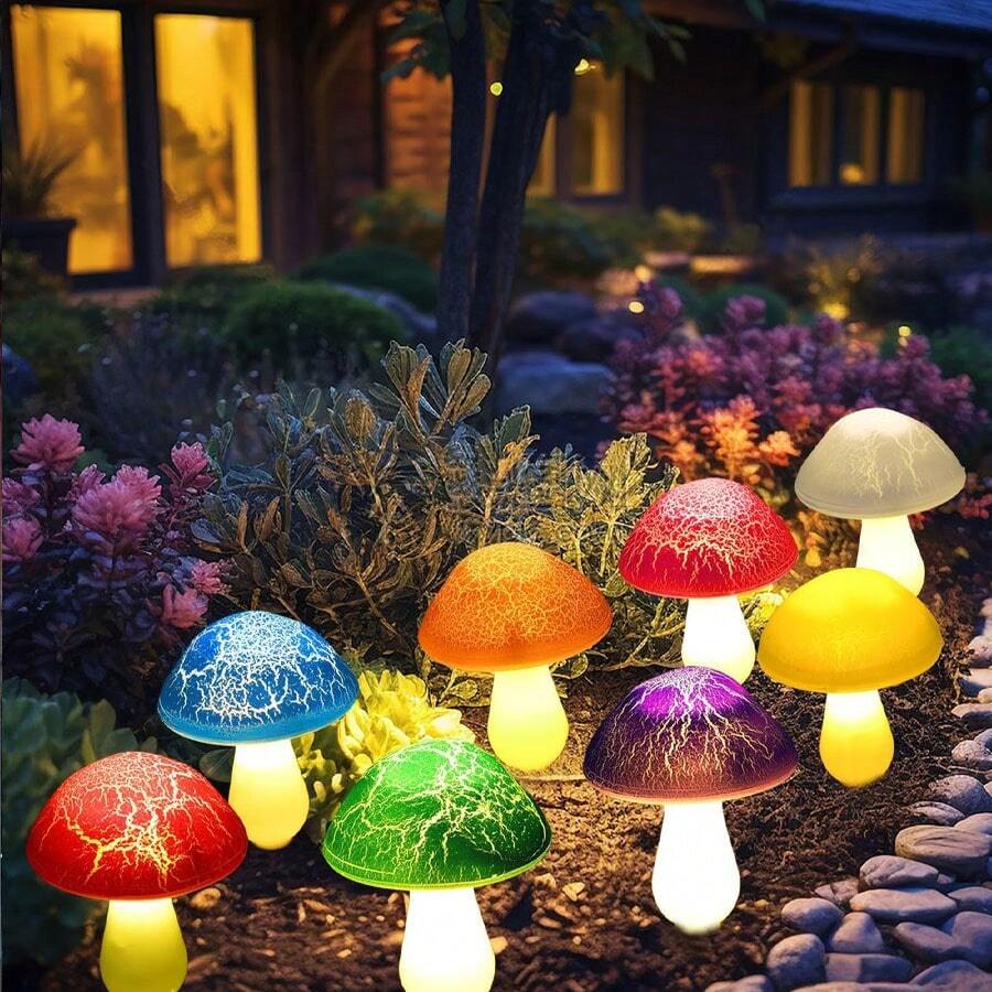 1Pack 8 LED Solar Mushroom Lights, Warm Light Sense Solar Ground Lawn Light, Villa Courtyard Garden Road Park, Outdoor Waterproof, Fairy Lights, Night Light New Year Holiday Party Wedding Christmas Decoration For Home Outdoors(Red Mushroom/Colored Mushrooms)