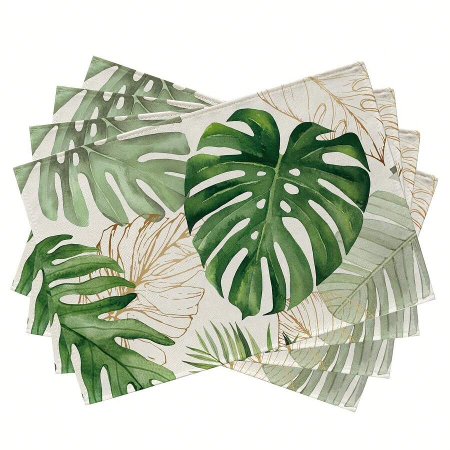 4pcs Placemats - Spring & Summer Palm Leaf Placemats Set, Tropical Green Monstera Leaves Placemats, Hawaii Seasonal Kitchen Decor, Home Decor 12"X18" - Perfect For Dining, Kitchen Parties, Indoor Holidays And Home Decorations
