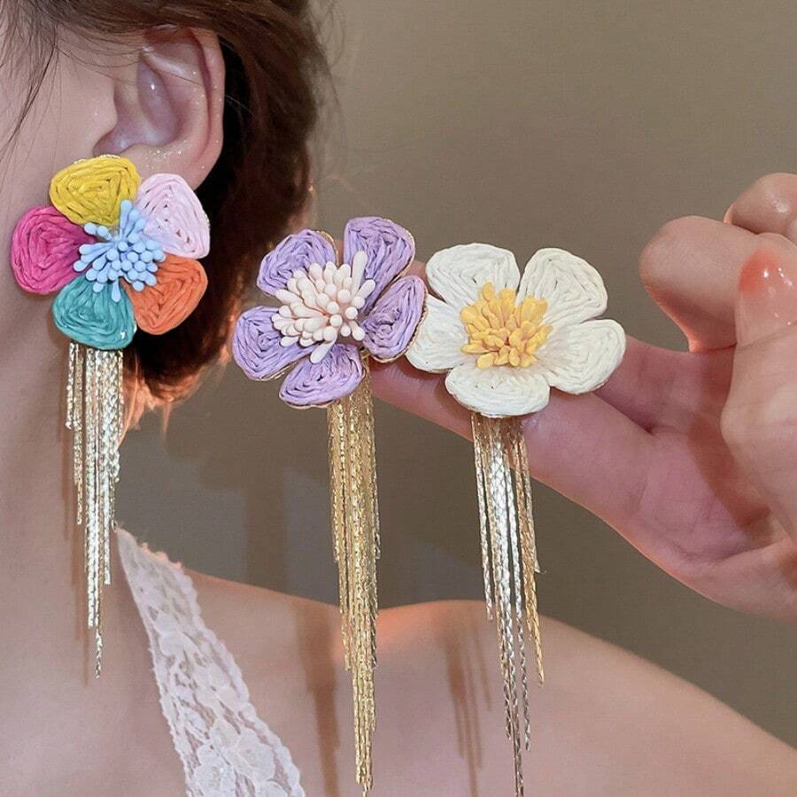 Andkiss 1 Pair Bohemian Style Floral Tassel Earrings