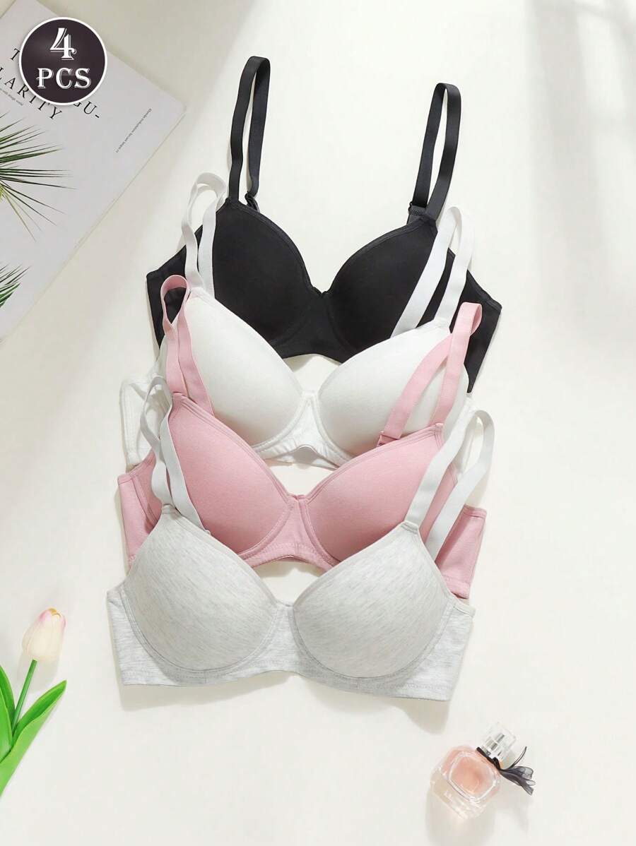 4pcs/Set Plain Comfortable Minimalist Style - Sports Casual - Cute Chic - Sweet Knit Wire-Free Bras