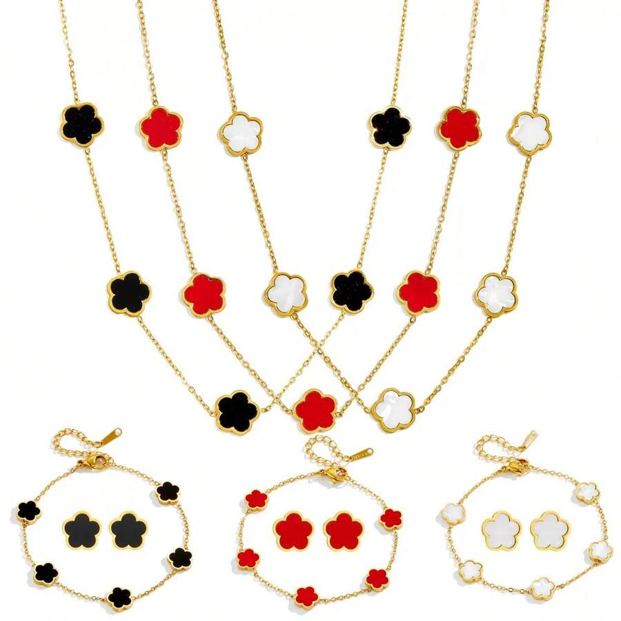 1 Set eleganter 5-Blatt Klee & Pflaumenblüte Edelstahl Halskette, 1 Stück Armband, 1 Paar Ohrringe Schmuckset, geeignet für täglichen Gebrauch oder Partytragen von Frauen, perfektes Geschenk zum Muttertag