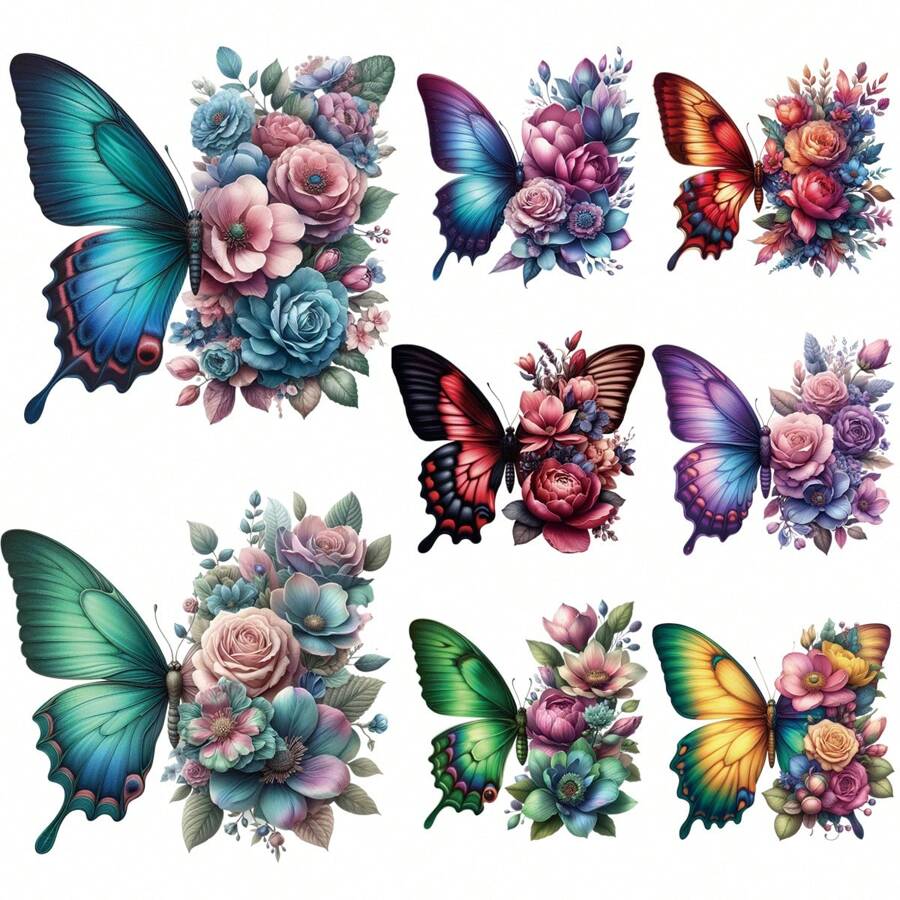Pegatina de transferencia térmica de alta definición con degradado de color, con mariposa a la izquierda y flor a la derecha, adecuada para ropa, gorras, bolsos, toallas, sillas y otras decoraciones, de alta elasticidad y lavable
