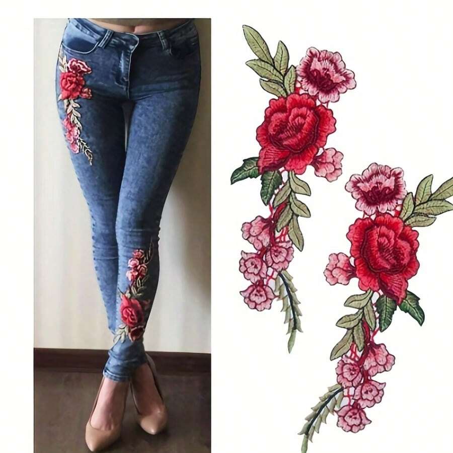 1 paio (2 pezzi) Set di Applicazioni ricamate a fiori rosso brillante, Applicazioni in tessuto da cucire per jeans, cappelli e borse - Adesivi in tessuto eleganti con disegni floreali dettagliati
