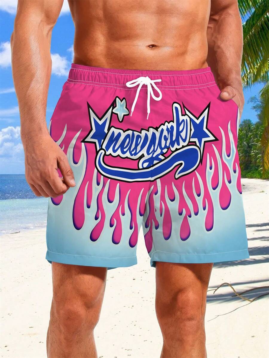 Pantalones cortos para hombre con estampado gráfico de fuego y letras "NEW YORK", con cordón y bolsillos, informales y aptos para el verano, el street style y el deporte, estilo hawaiano