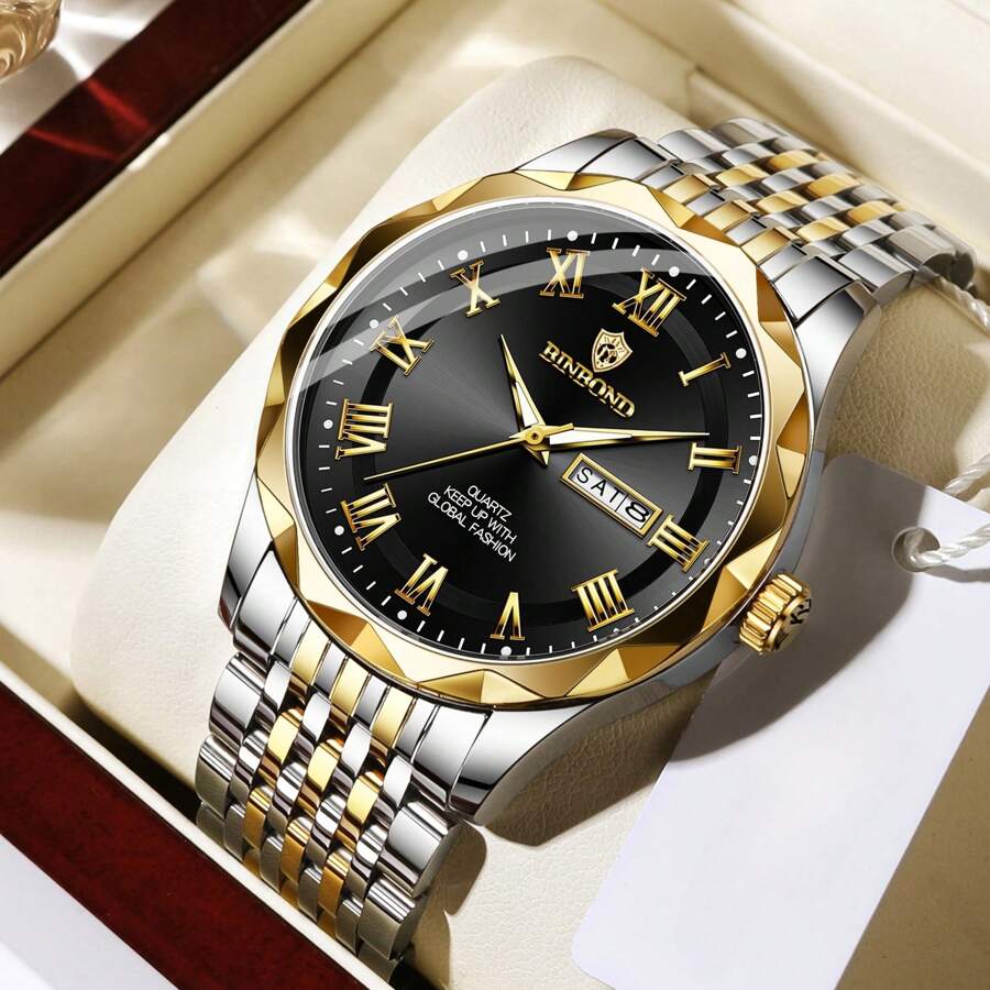 1pc Men's Rust-Proof 316 Stainless Steel Gold Plated Wire Green Black Dial 50m Waterproof Watch - Luminous Hands, English Calendar Date Precise Timekeeping Imported Quartz Movement From Japan High-Quality Luxury For Sport & Outdoor | US & Middle East Style Gift Father Husband Birthday Holiday Gifts