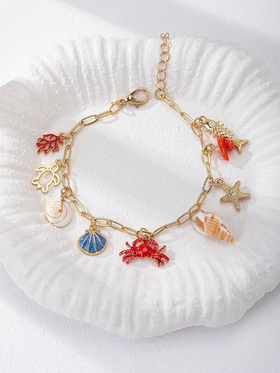 1 Stück Armband mit Seestern-, Muschelschalen- und Sardinen-Charm für Damen, Sommer Urlaubsstrand Schmuck, Geschenk für Frauen