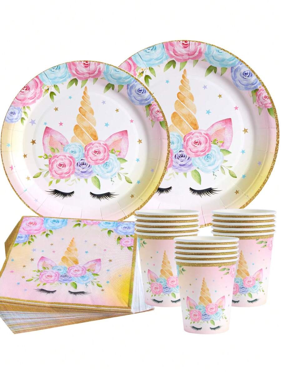 1 Set (25pcs) Golden Unicorn Disposable Plates, Napkins And Cups, Suitable For 25 Guests, Disposable Paper Plates Party Supplies For Birthday, Wedding, Party, Family Picnic